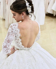 White Long A-line Lace Backless Wedding Dress with Sleeves