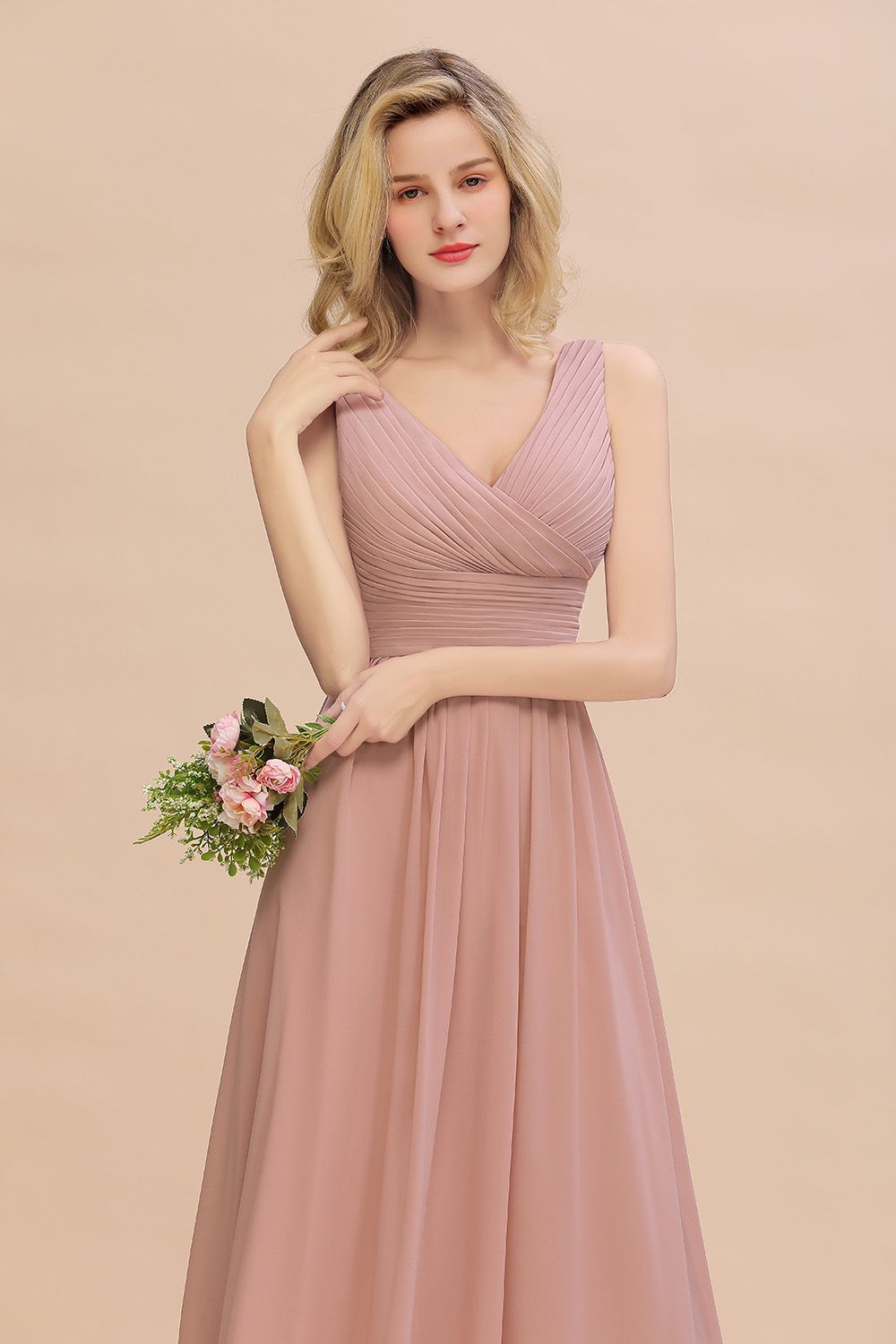 Elegant A-line V-Neck Ruffles Long Bridesmaid Dress