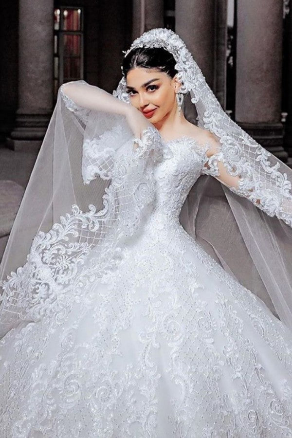 Long A-line Tulle Beads Appliques Wedding Dress with Sleeves