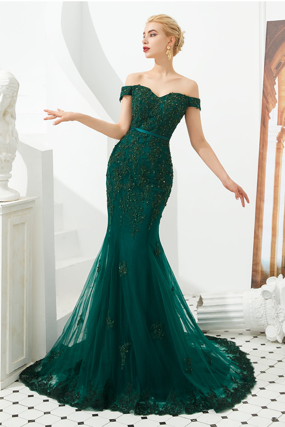 Elegant Dark Green Long Mermaid Off the Shoulder Tulle Lace Formal Evening Dresses