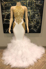Long Sleeveless Golden Appliques Tulle Mermaid Prom Dresses