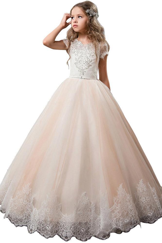 Long Scoop Neck Tulle Lace Ball Gown Flower Girl Dress