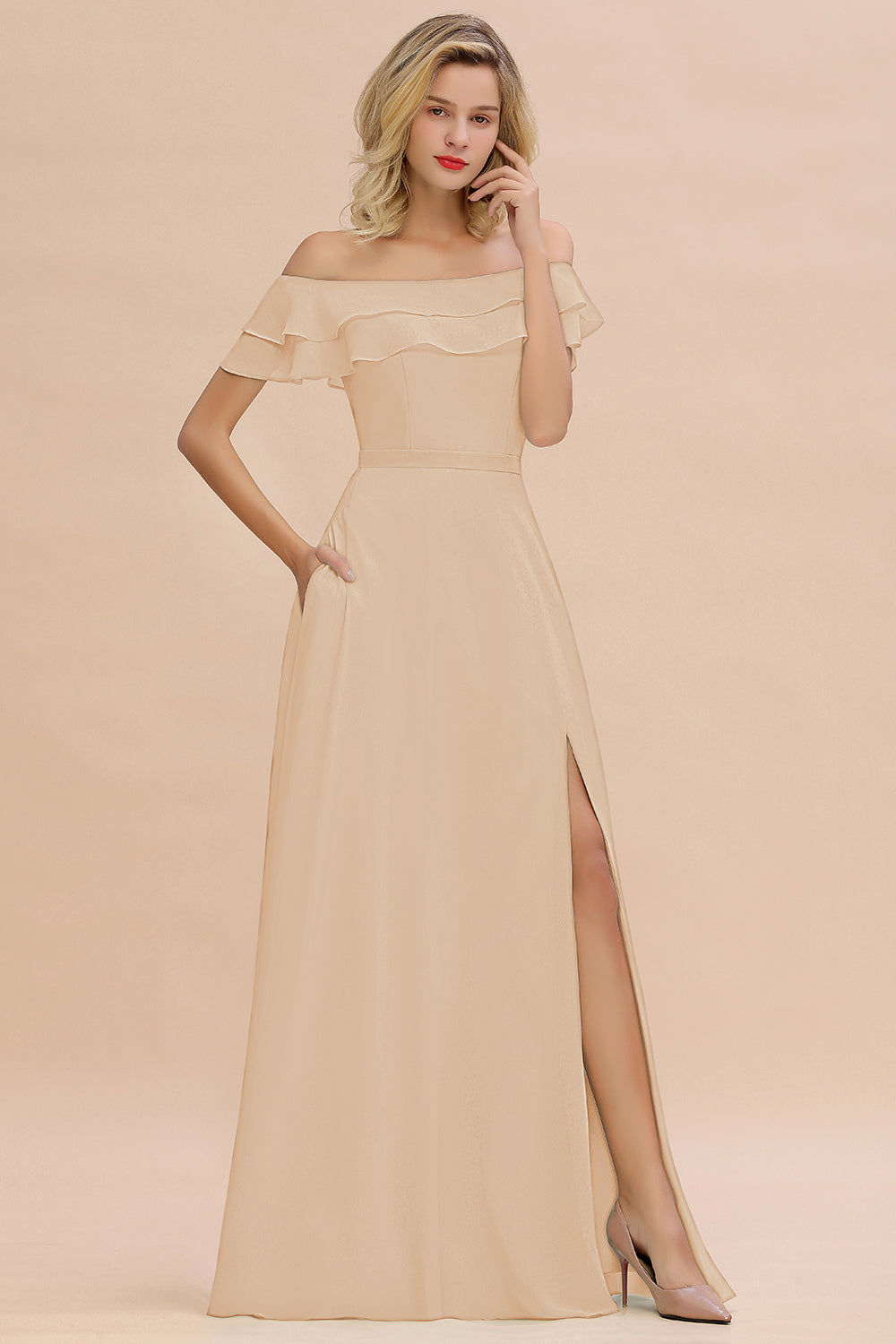 Off the Shoulder Front Slit Mint Green Long Bridesmaid Dress