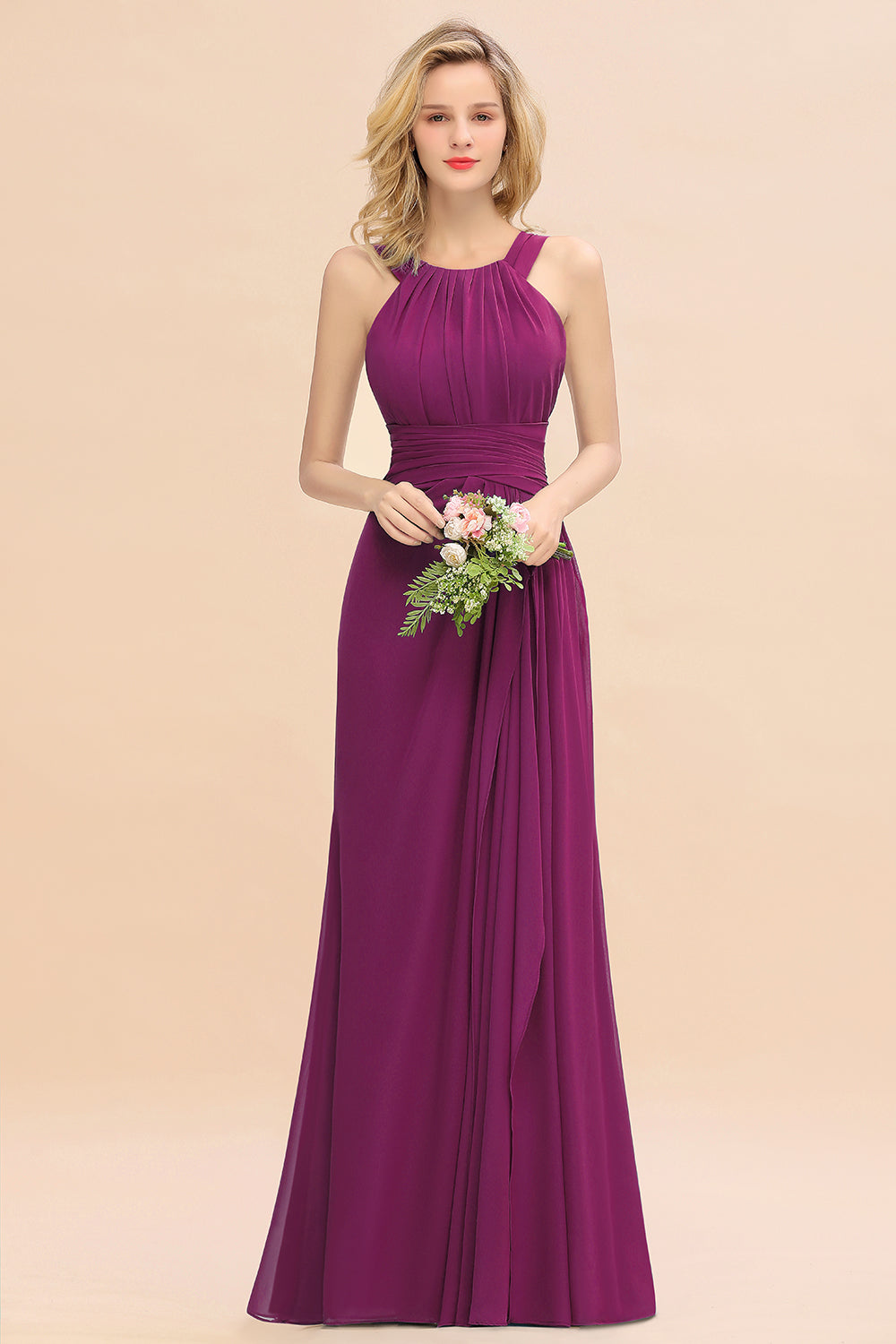 Long A-line Halter Chiffon Backless Floor Length Bridesmaid Dresses