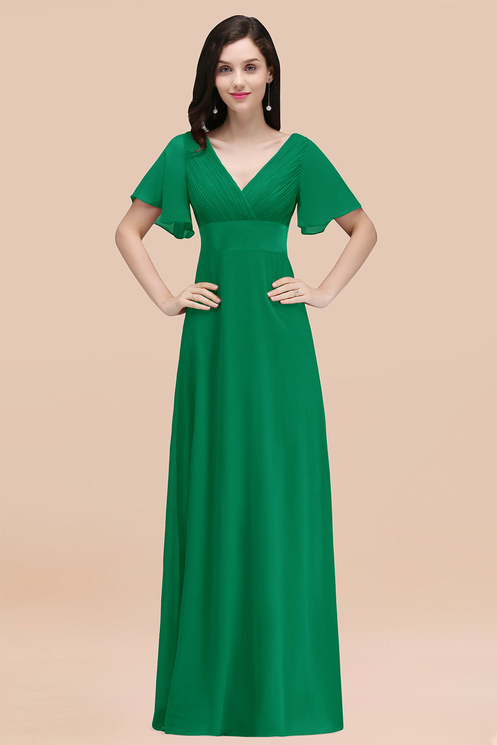 Simple A-Line Chiffon V-Neck Short Sleeves Ruffles Floor Length Bridesmaid Dresses