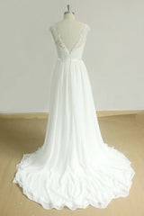 Chic Cap Sleeve Lace Chiffon A-line Long Wedding Dress