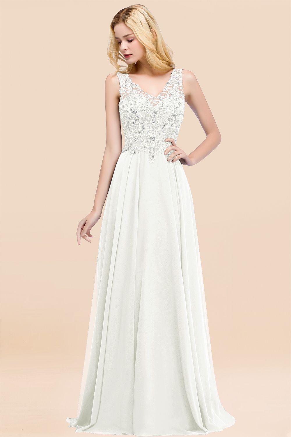 Dusty Rose Lace V-Neck Long Bridesmaid Dresses With Appliques