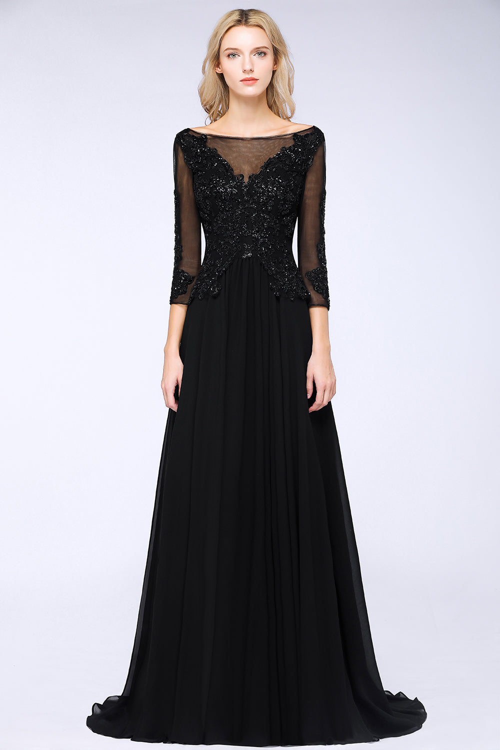 Black 3/4 Sleeves Beads A-Line Appliques Bridesmaid Dress