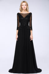 Black 3/4 Sleeves Beads A-Line Appliques Bridesmaid Dress