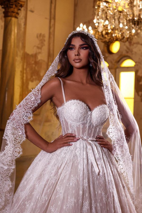 Long Spaghetti Straps Lace Sweetheart A Line Floor Length Wedding Dress