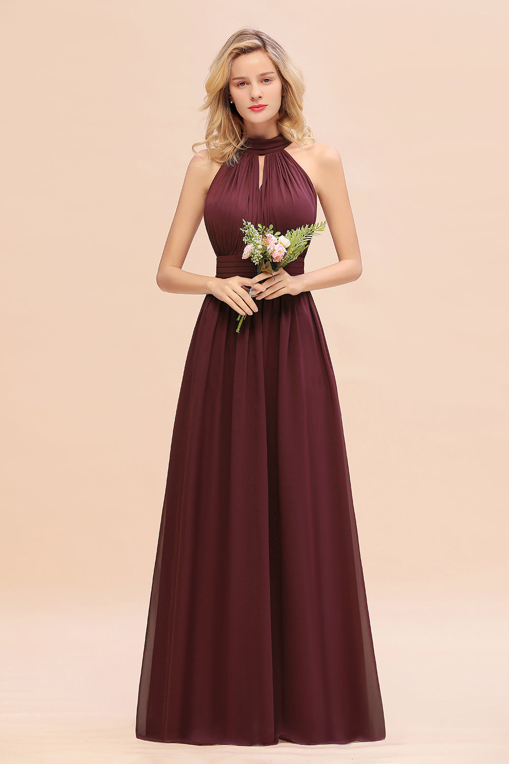Dusty Sage Long High Neck Chiffon Bridesmaid Dresses with Ruffle