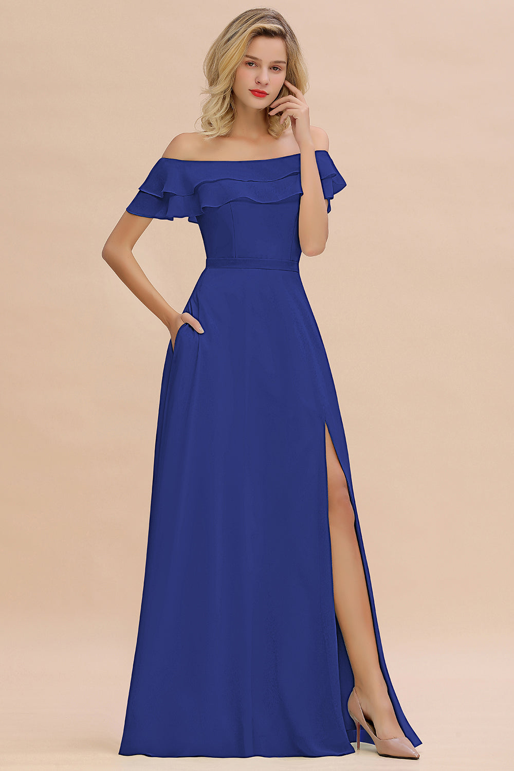 Off the Shoulder Front Slit Mint Green Long Bridesmaid Dress