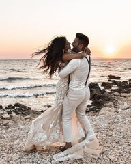 Elegant Long Mermaid V-neck Floral Lace Backless Wedding Dress