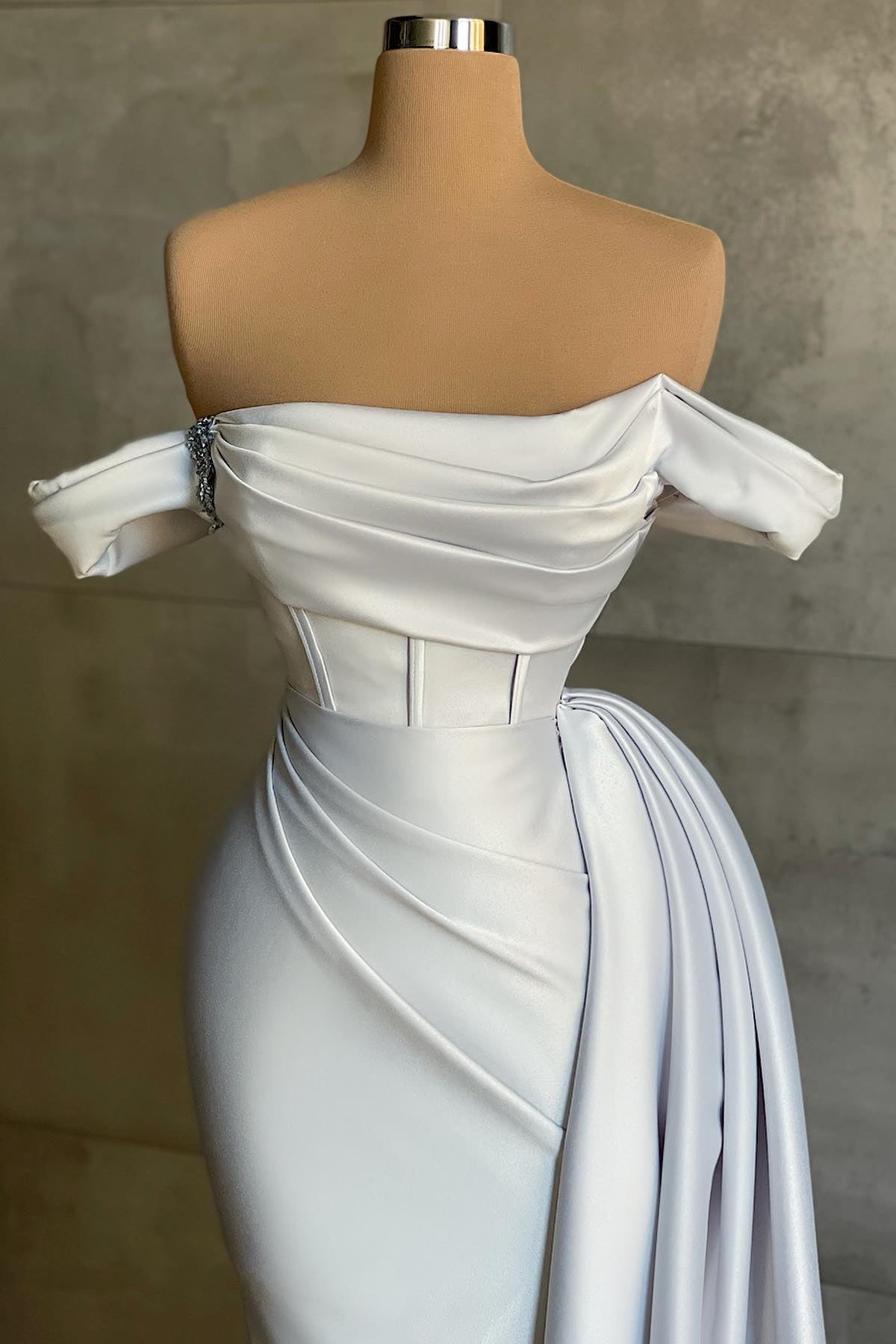 White Off The Shoulder Mermaid Satin Long Prom Dress