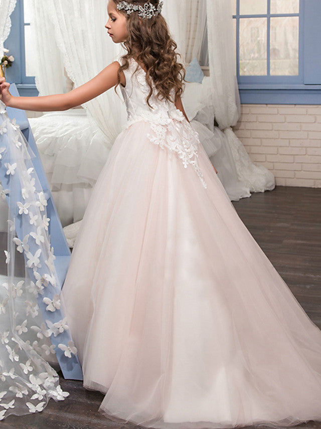 Long A-line Tulle Birthday Lace Birthday Flower Girl Dresses