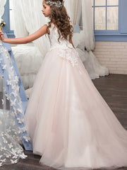 Long A-line Tulle Birthday Lace Birthday Flower Girl Dresses