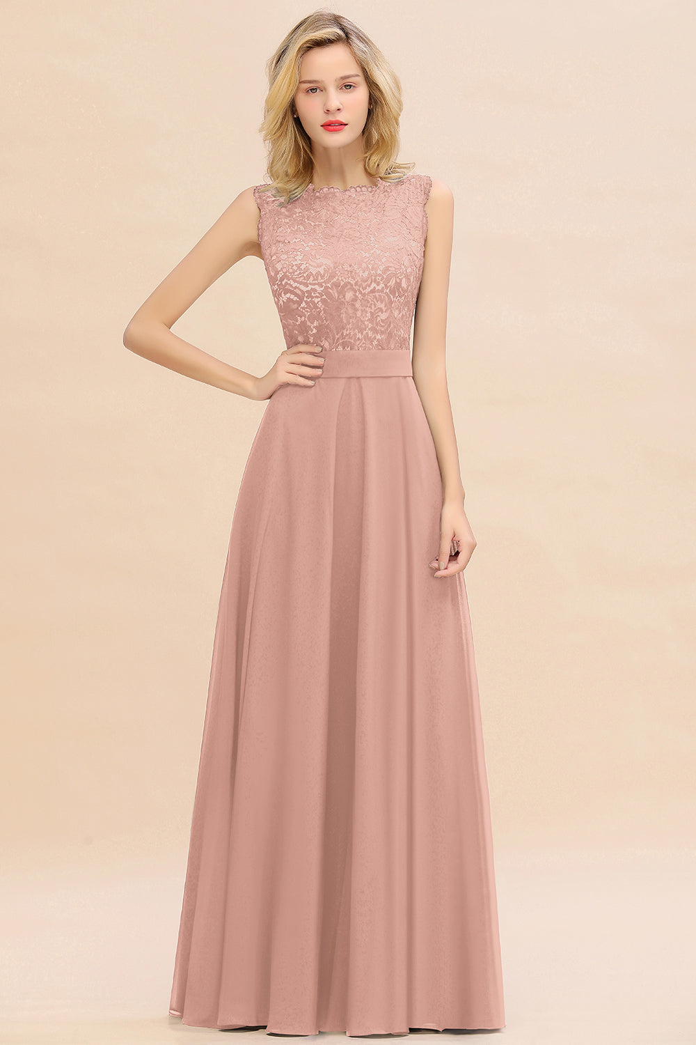 Long A-line Chiffon Lace Sleeveless Bridesmaid Dresses