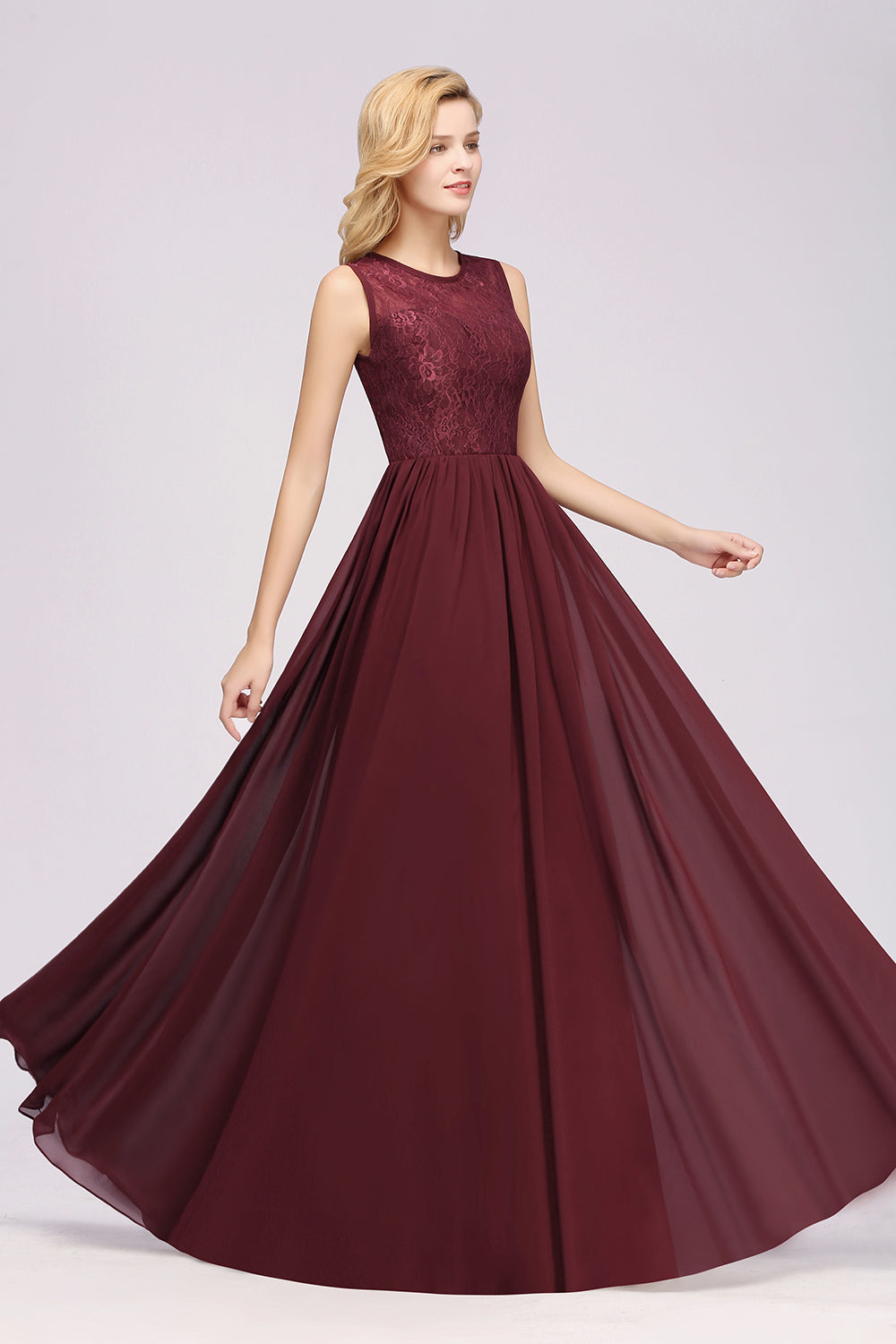 A-line Chiffon Lace Jewel Sleeveless Ruffles Floor Length Bridesmaid Dresses with Appliques