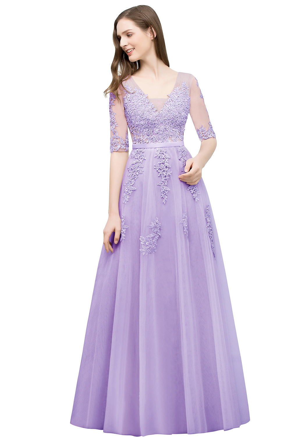 Long V-neck Tulle Lace A-line Evening Dress with Sleeves