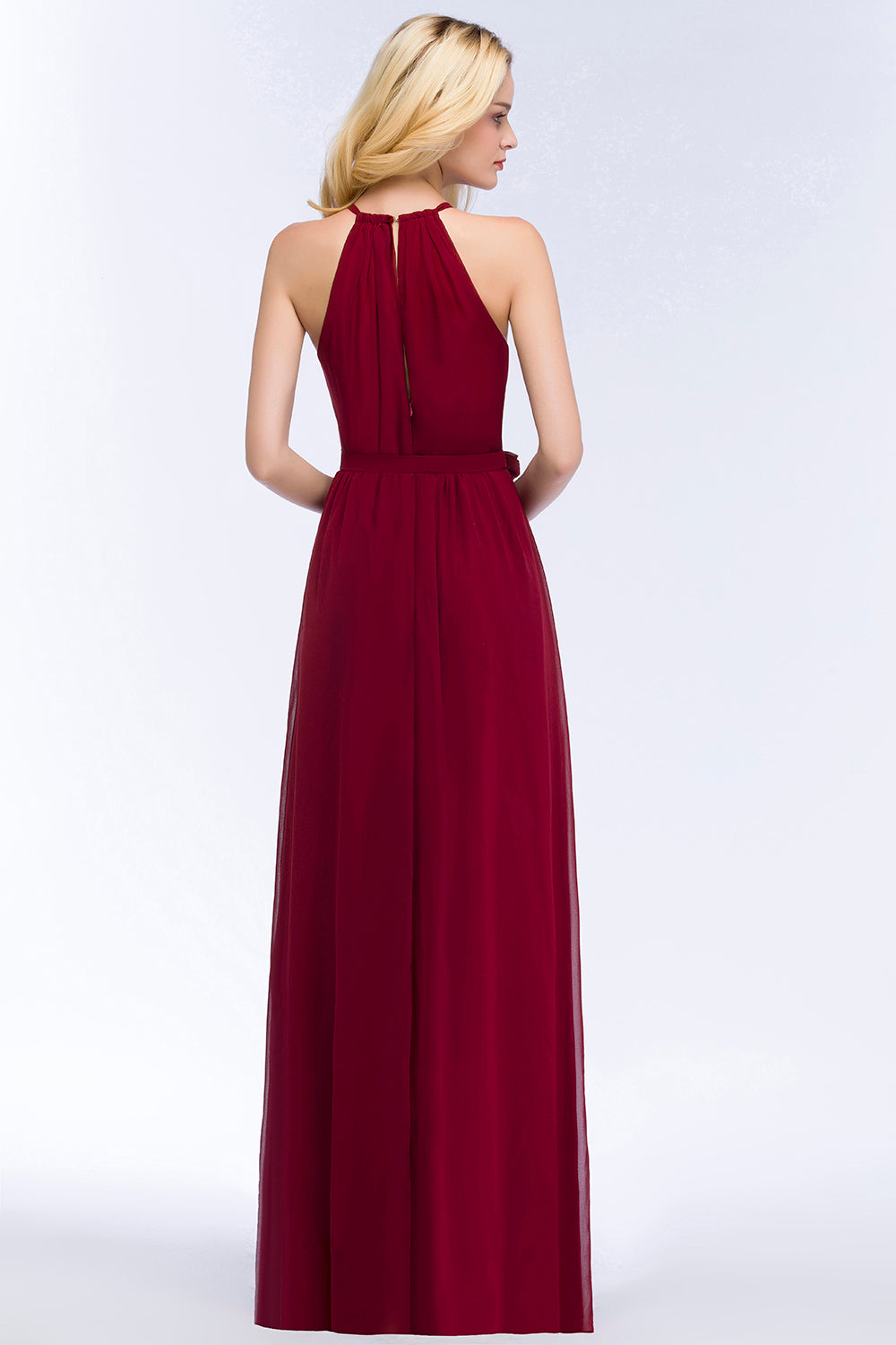 Vintage A-Line Chiffon Halter Sleeveless Ruffles Bridesmaid Dresses with Bow Sash
