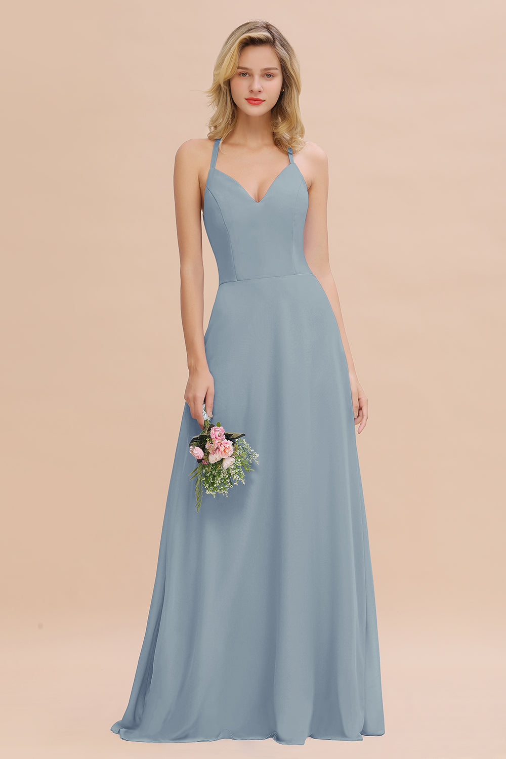 Stylish Chiffon Spaghetti Straps Sleeveless Long Bridesmaid Dress