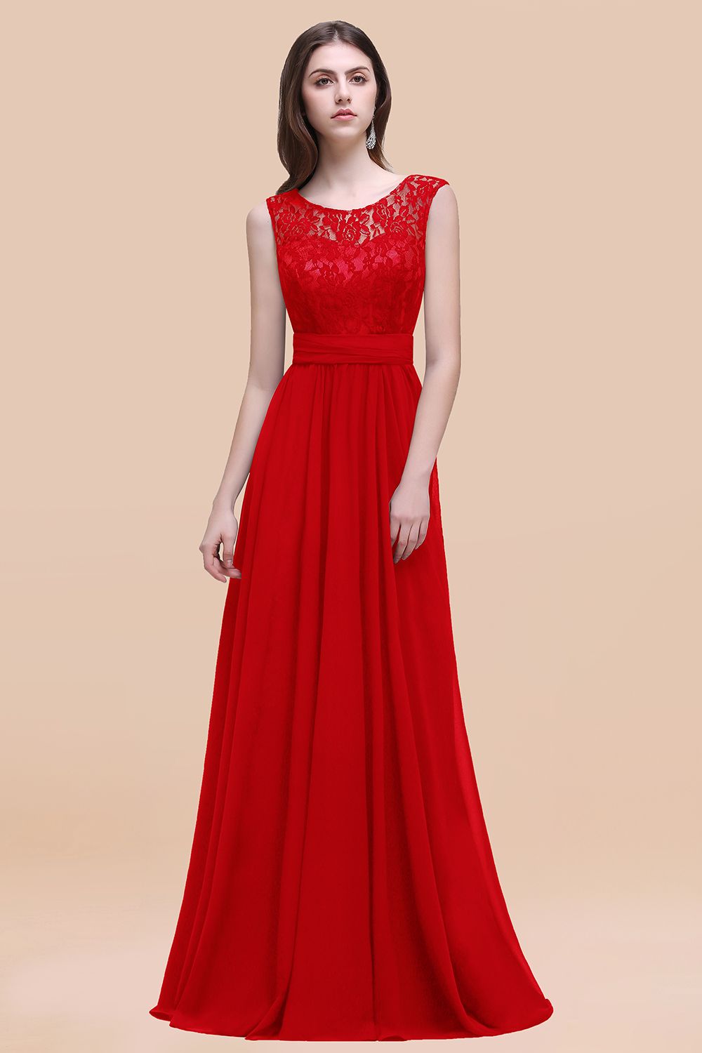 Elegant A-line Chiffon Lace Scoop Sleeveless Floor Length Bridesmaid Dress