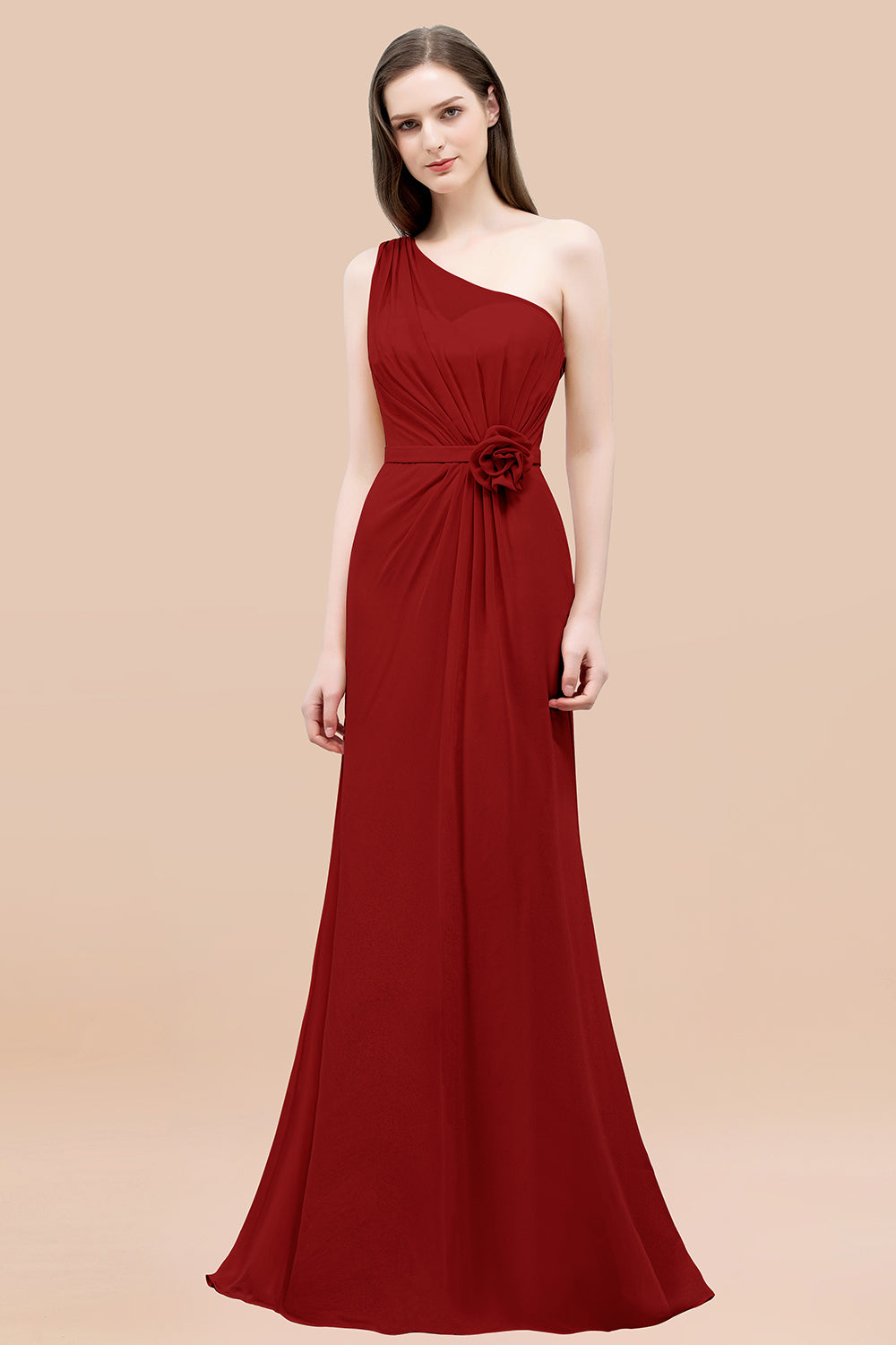 Mermaid Chiffon One Shoulder Sleeveless Ruffled Floor Length Bridesmaid Dresses with Flower
