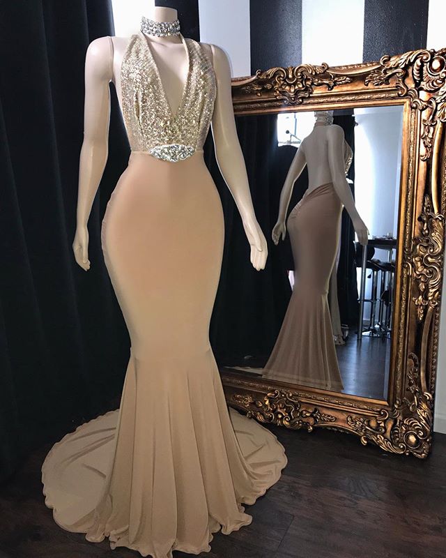 Long Halter Mermaid Neck Sleeveless Prom Dresses