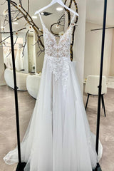 Long Open Back Spaghetti Straps Sweetheart Tulle Appliques Lace A-Line Wedding Dresses