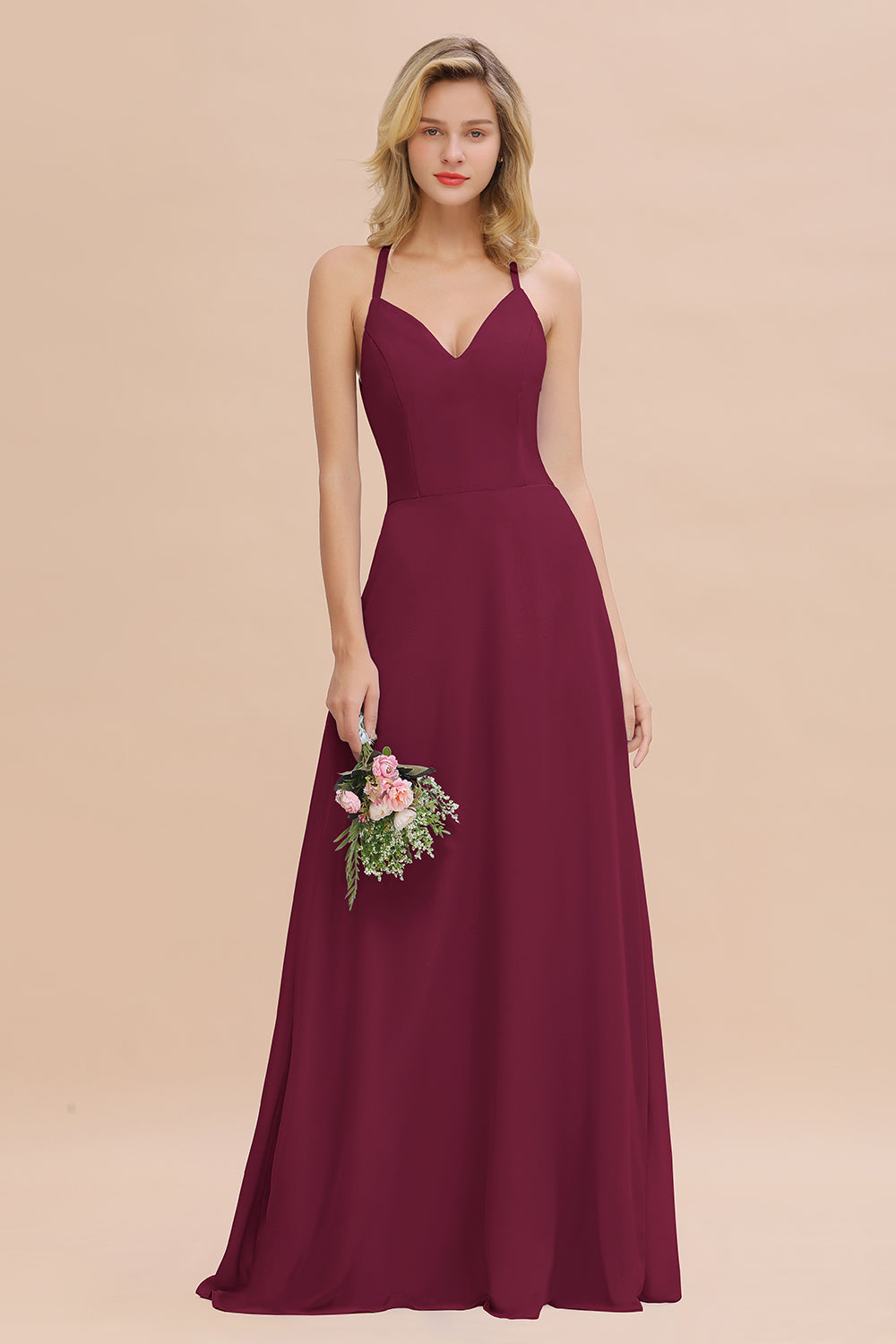 Stylish Chiffon Spaghetti Straps Sleeveless Long Bridesmaid Dress