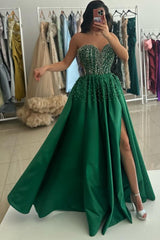 Long A-Line Strapless Sweetheart Satin Beaded Prom Dress with Slit