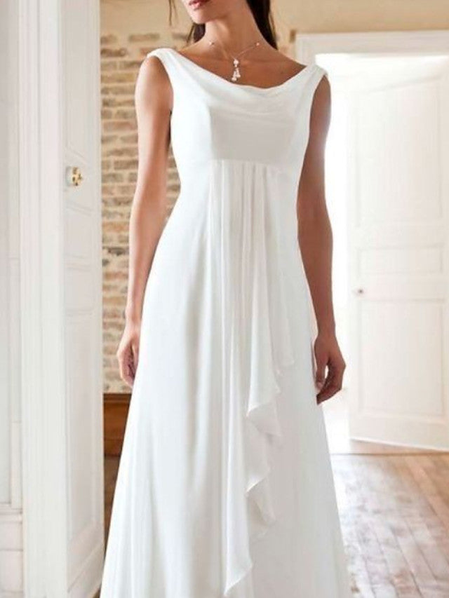 Long A-Line Jewel Neck Chiffon Sleeveless Beach Wedding Dresses