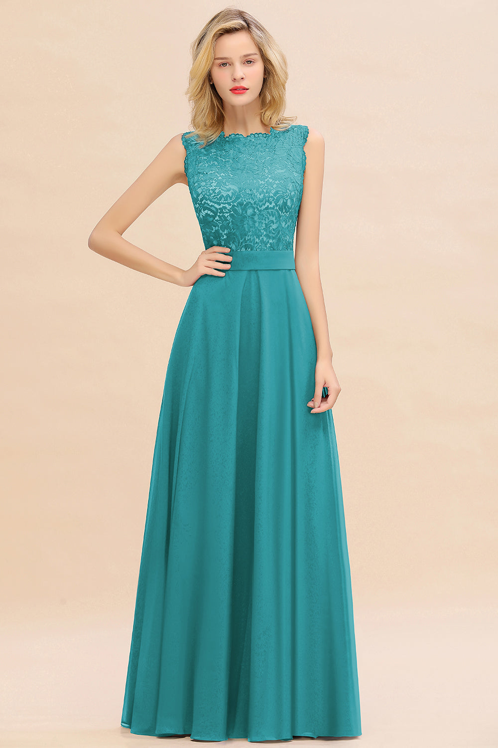 Long A-line Chiffon Lace Sleeveless Bridesmaid Dresses