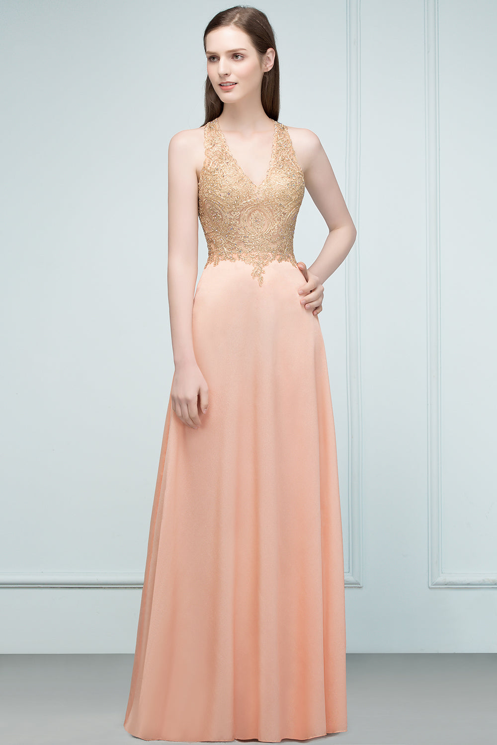 Long V-neck Chiffon Lace A-line Evening Dress