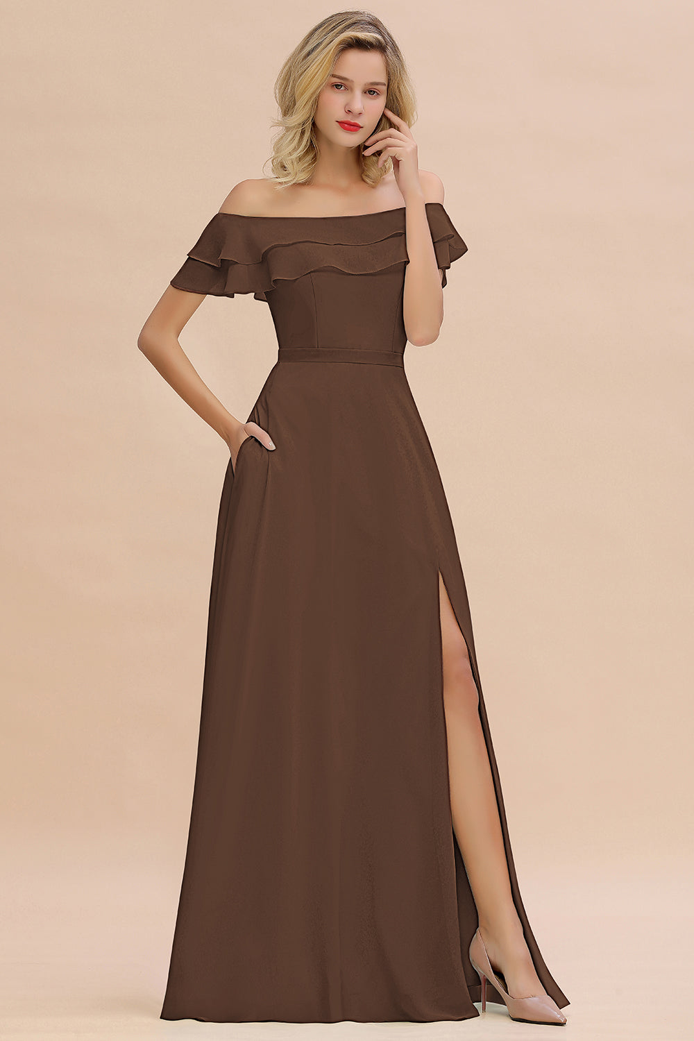 Off the Shoulder Front Slit Mint Green Long Bridesmaid Dress
