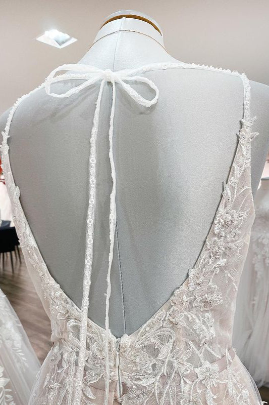 Elegant Long A-line V Neck Sleeveless Ruffles Backless Wedding Dress