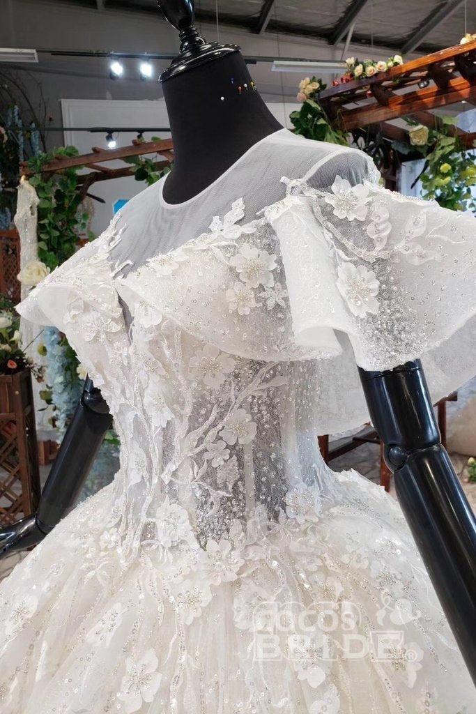 Gorgeous Ball Gown Long Tulle Lace Wedding Dress with Sleeves
