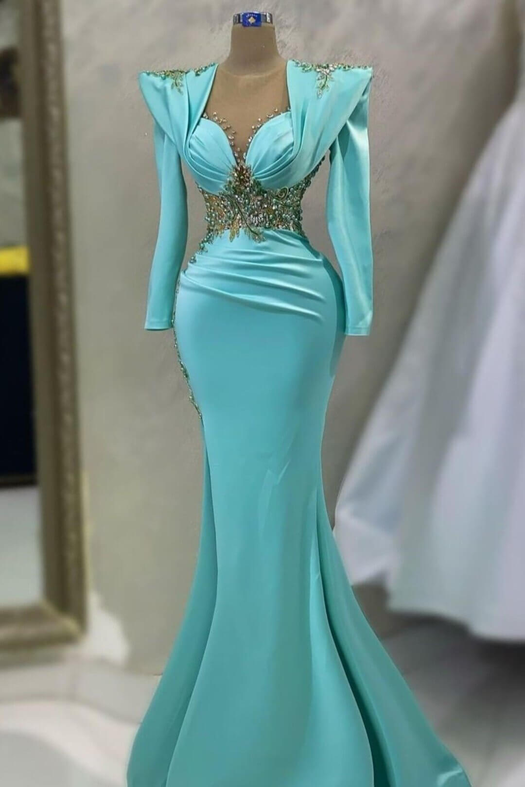 Long Sleeve Mermaid Sweetheart Satin Formal Evening Dress with Beads