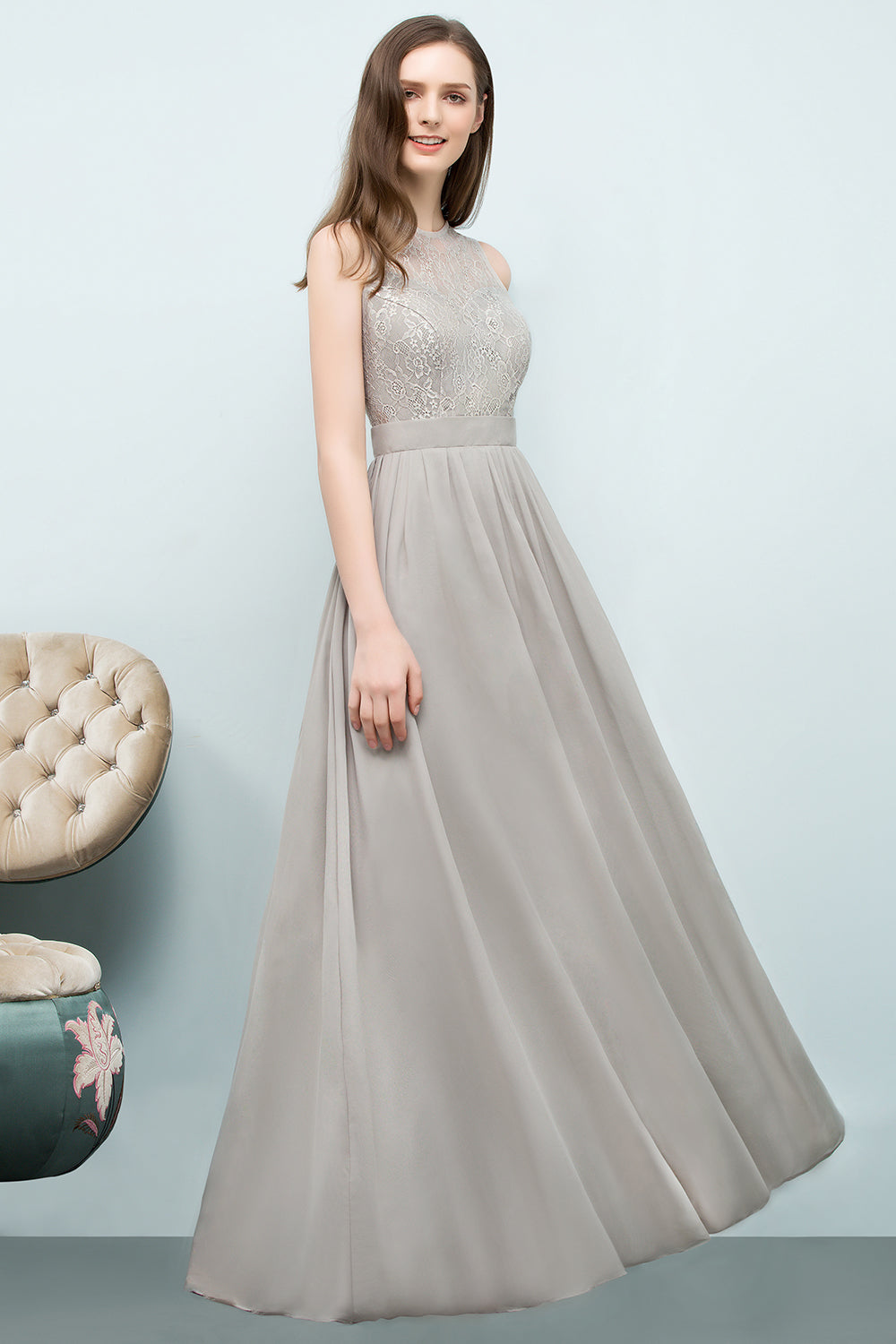 A-line Chiffon Lace Jewel Sleeveless Floor Length Bridesmaid Dresses