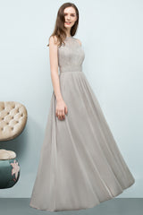 A-line Chiffon Lace Jewel Sleeveless Floor Length Bridesmaid Dresses