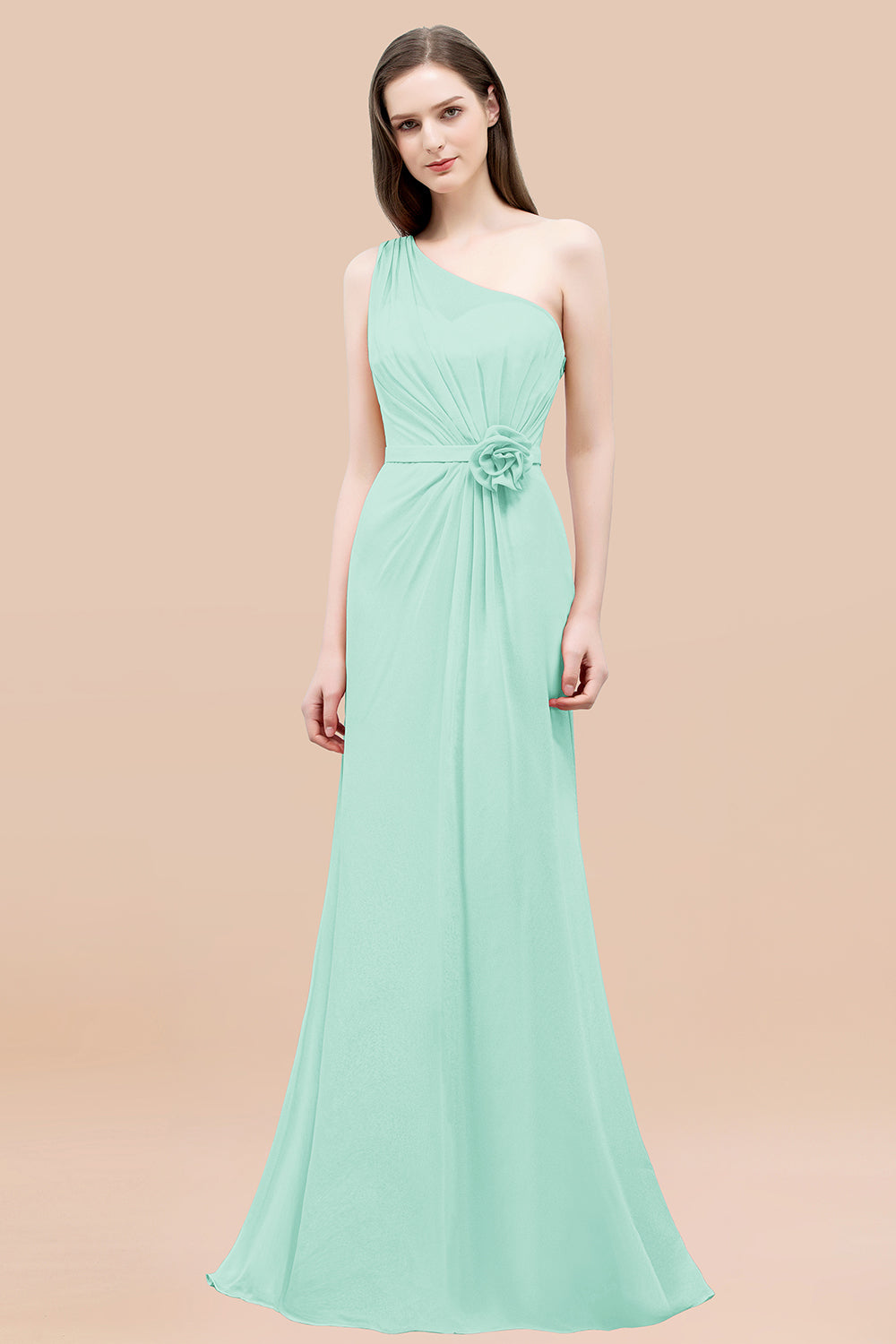 Mermaid Chiffon One Shoulder Sleeveless Ruffled Floor Length Bridesmaid Dresses with Flower