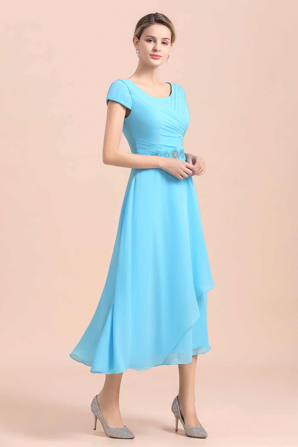 Blue Short Sleeves Chiffon Ruffles Tea-length Mother of the Bride Dress