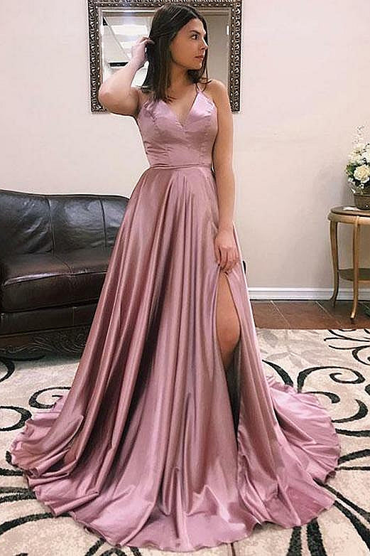 Long V-neck Split Front A-line Satin Prom Dress