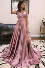 Long V-neck Split Front A-line Satin Prom Dress
