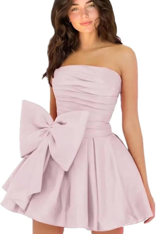 Simple Short A-line Strapless Sleeveless Ruffle Satin Homecoming Dress