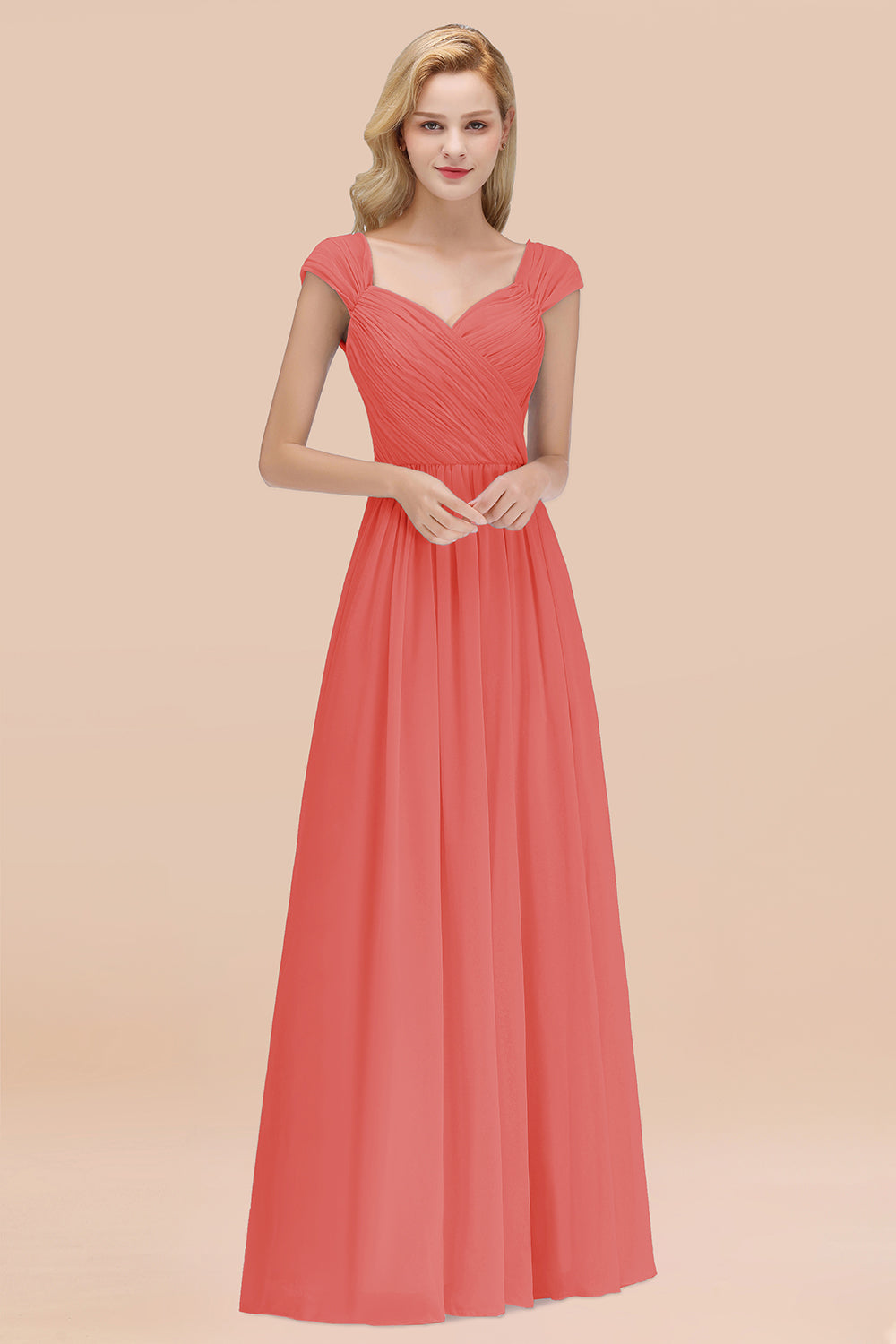 A-Line Chiffon Straps Sweetheart Sleeveless Floor Length Bridesmaid Dress with Ruffles