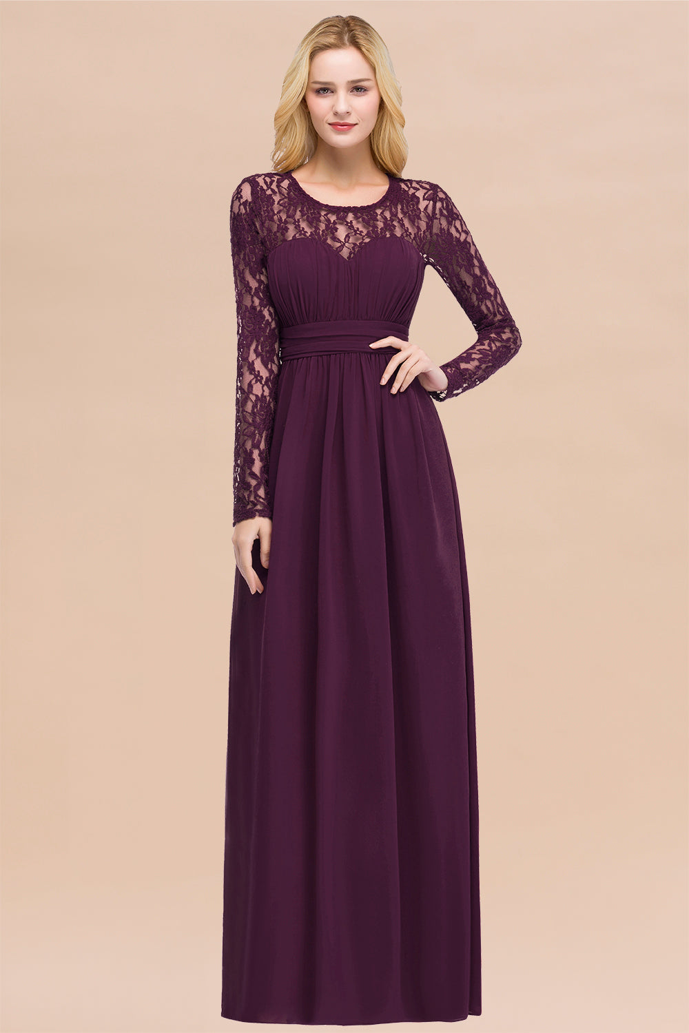 Elegant A-Line Chiffon Jewel Long Sleeves Ruffles Floor Length Bridesmaid Dresses