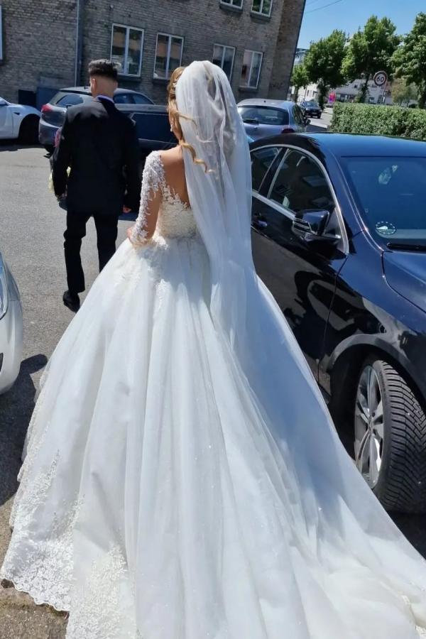 Gorgeous White Long A-line V-neck Lace Wedding Dress with Long Sleeves