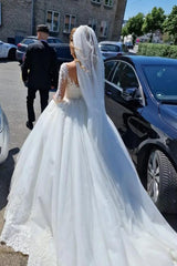 Gorgeous White Long A-line V-neck Lace Wedding Dress with Long Sleeves