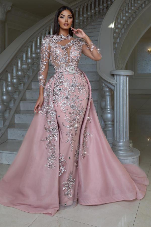 Long Sleeves Satin Mermaid Floor Length Prom Dress with Detachable Train